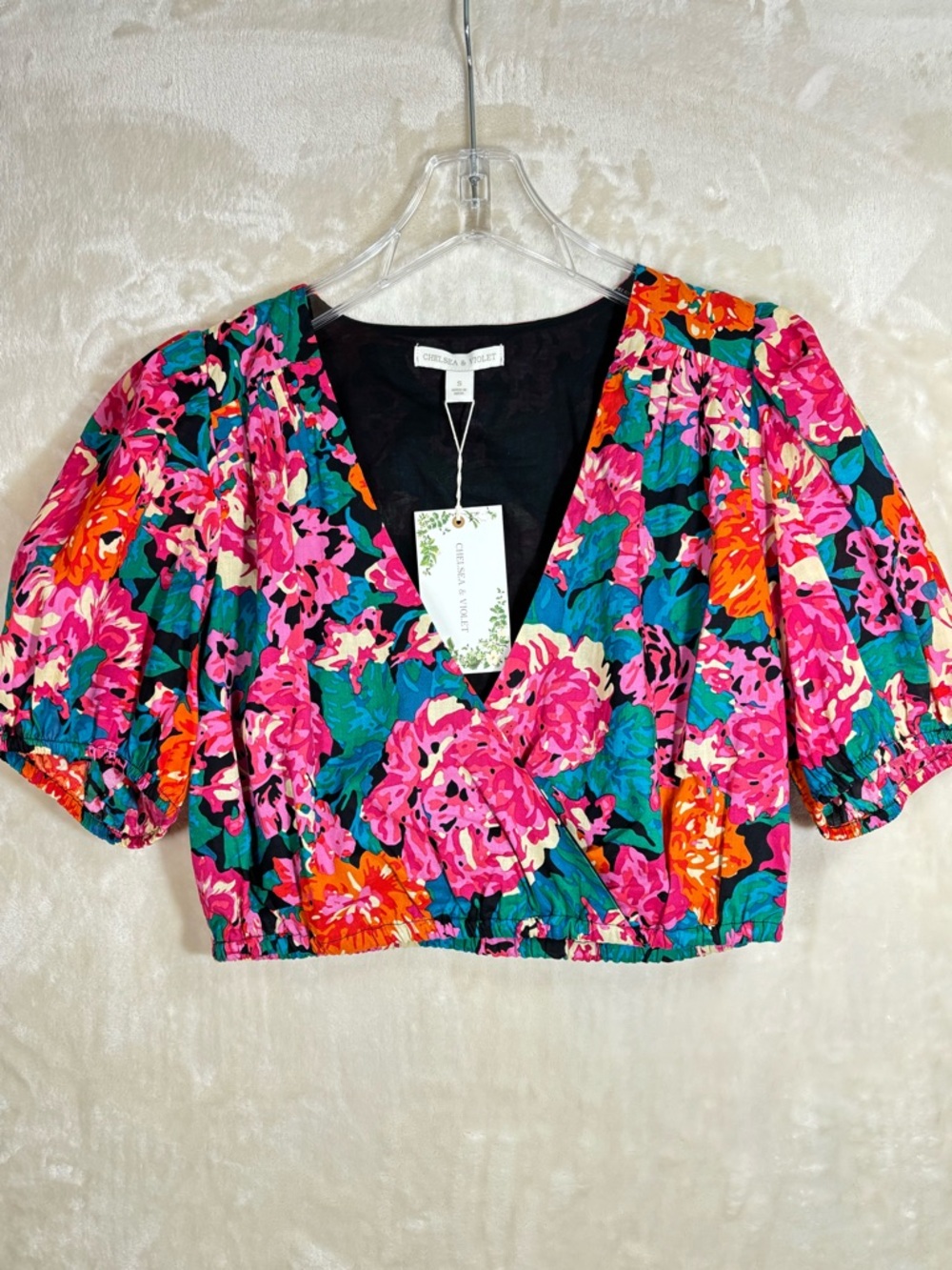 Chelsea & Violet Bright Pink & Teal Floral Wrap Flirty Babydoll Crop Top NWT
